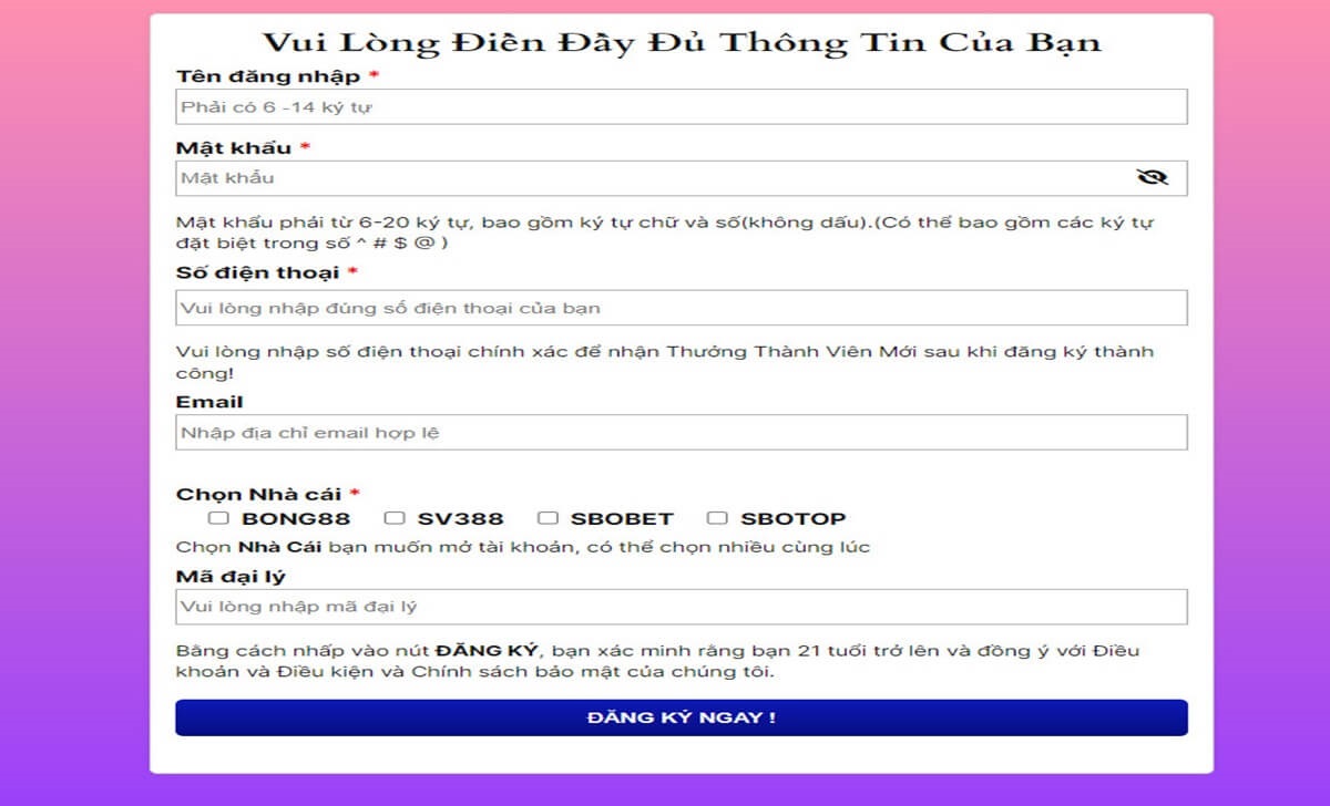 Nhập thông tin tài khoản đăng ký